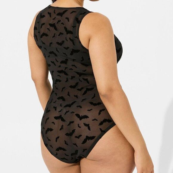 Torrid 3X Black Bat Velvet & Mesh V Neck Bodysuit - Picture 2 of 11